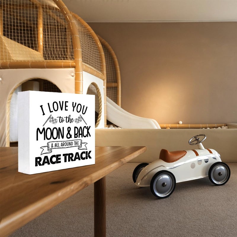 z-crange z-crange I Love You To The Moon And Back And All Around The Race Track Wood Box Sign Desk Decor Farmhouse Racing Checkered Flags Box Block Sign for Home Boys Room Shelf Table Decor Decorations - Image 4