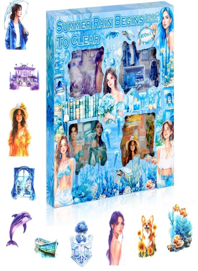 SAMVARDHAN Seasonal Aesthetic Girl Seasons Sticker Set - 100 Pcs Decorative Scrapbooking Stickers for Journaling, Planners, DIY Crafts & Art Projects (Summer Rain Begins to Clear) - Image 1