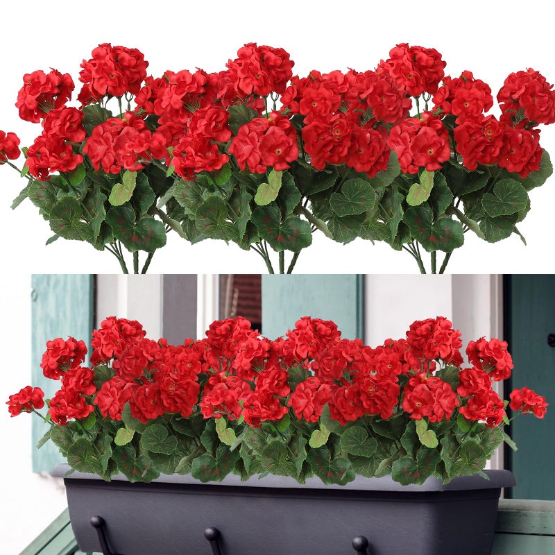 Dremisland 3 Pack Artificial Geranium Flowers for Outdoors Red Geranium Silk Flowers Outdoor UV Resistant Garden Plants Bush Faux Flowers for Home Wedding Kitchen Table Centerpieces DecorRed 3Pack