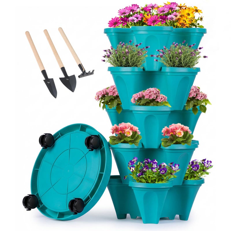 GameXcel Vertical Planter Tower - 5 Tier Stackable Garden Planters with Wheels and Tools Plant Pots for Strawberry Herb Flower and Vegetable Indoor Outdoor Use Teal - Image 1
