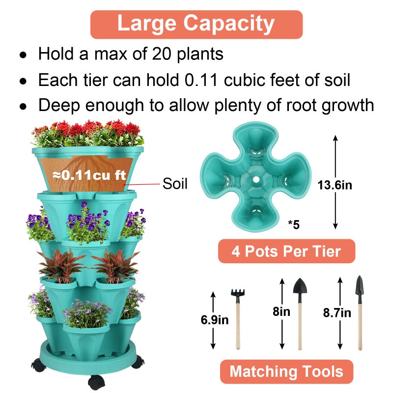 GameXcel Vertical Planter Tower - 5 Tier Stackable Garden Planters with Wheels and Tools Plant Pots for Strawberry Herb Flower and Vegetable Indoor Outdoor Use Teal - Image 4