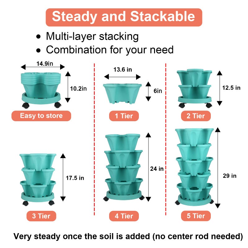 GameXcel Vertical Planter Tower - 5 Tier Stackable Garden Planters with Wheels and Tools Plant Pots for Strawberry Herb Flower and Vegetable Indoor Outdoor Use Teal - Image 5