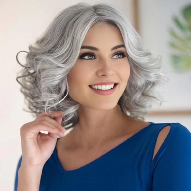 RENERSHOW Mixed Grey Short Wavy Wig for White Women  Medium Length Gray Curly Silver Heat Resistant Synthetic Natural Looking