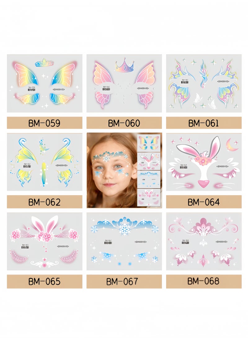 8 Sheets Kids Face Tattoos, Animal Fake Face Tattoos for Boys and Girls, Butterfly Bunny Stickers, Kids Face Painting Stickers, Birthday Festival Makeup Stickers Party Gifts - Image 1