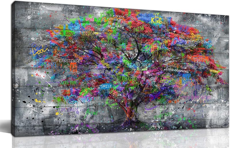 SIXTTART فن الجدار شجرة الحياة من SIXTTART - فن الجدار الغابي - فن قماش تجريدي لجدار غرفة المعيشة - فن جرافيتي جاهز للتعليق بحجم 40" × 20" - Image 1