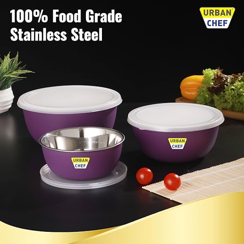 URBAN CHEF Mixing Bowl Set of 3 Stainless Steel (500ml, 800ml,1250ml) | Microwave Safe & Dishwasher Safe | Bowl Set with Lid for Gift | Bowls for Snacks | Serving Bowls Kitchen Accessories -Purple - Image 4