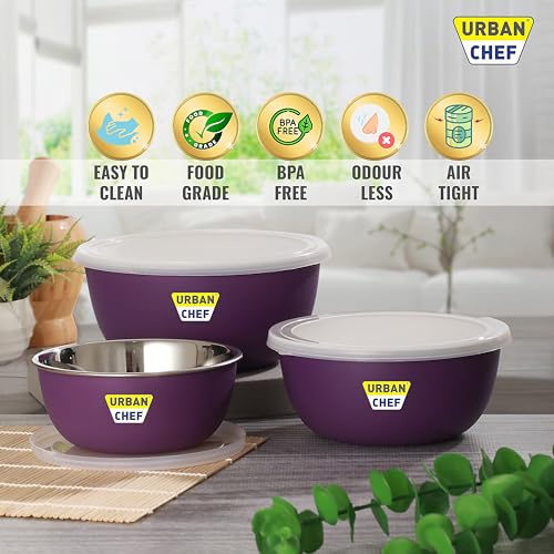 URBAN CHEF Mixing Bowl Set of 3 Stainless Steel (500ml, 800ml,1250ml) | Microwave Safe & Dishwasher Safe | Bowl Set with Lid for Gift | Bowls for Snacks | Serving Bowls Kitchen Accessories -Purple - Image 3