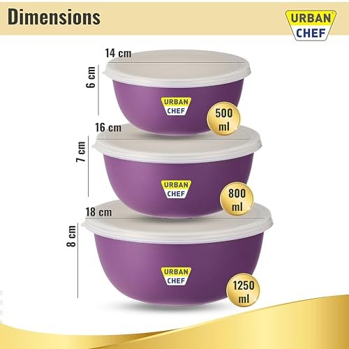 URBAN CHEF Mixing Bowl Set of 3 Stainless Steel (500ml, 800ml,1250ml) | Microwave Safe & Dishwasher Safe | Bowl Set with Lid for Gift | Bowls for Snacks | Serving Bowls Kitchen Accessories -Purple - Image 2