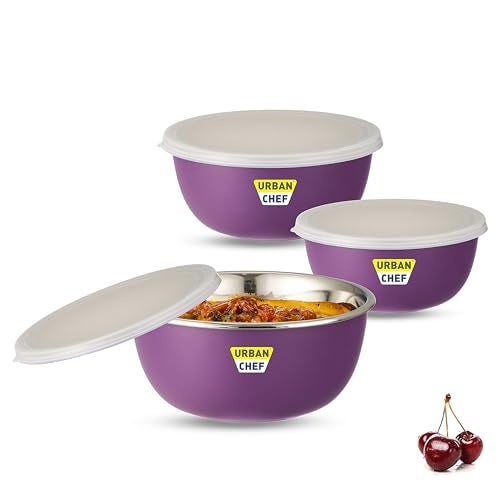 URBAN CHEF Mixing Bowl Set of 3 Stainless Steel (500ml, 800ml,1250ml) | Microwave Safe & Dishwasher Safe | Bowl Set with Lid for Gift | Bowls for Snacks | Serving Bowls Kitchen Accessories -Purple - Image 1