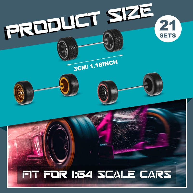 Poen 21 Sets 1/64 Scale Wheels Rubber Tires 1: 64 Model Car Replacement Diecast Wheels Custom Parts for Model Cars Rims Accessories, Mixed Styles (Fresh Color, Novel) - Image 2