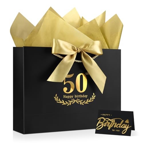JMANNI Black Gold 50th Birthday Gift Bag with Card and Tissue Paper, 12.6"×9.84"×3.9" Elegant Present Bag for Men Women, 50 Year Old Birthday Keepsake Party Supplies - Image 1