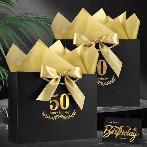 JMANNI Black Gold 50th Birthday Gift Bag with Card and Tissue Paper, 12.6"×9.84"×3.9" Elegant Present Bag for Men Women, 50 Year Old Birthday Keepsake Party Supplies - Image 2