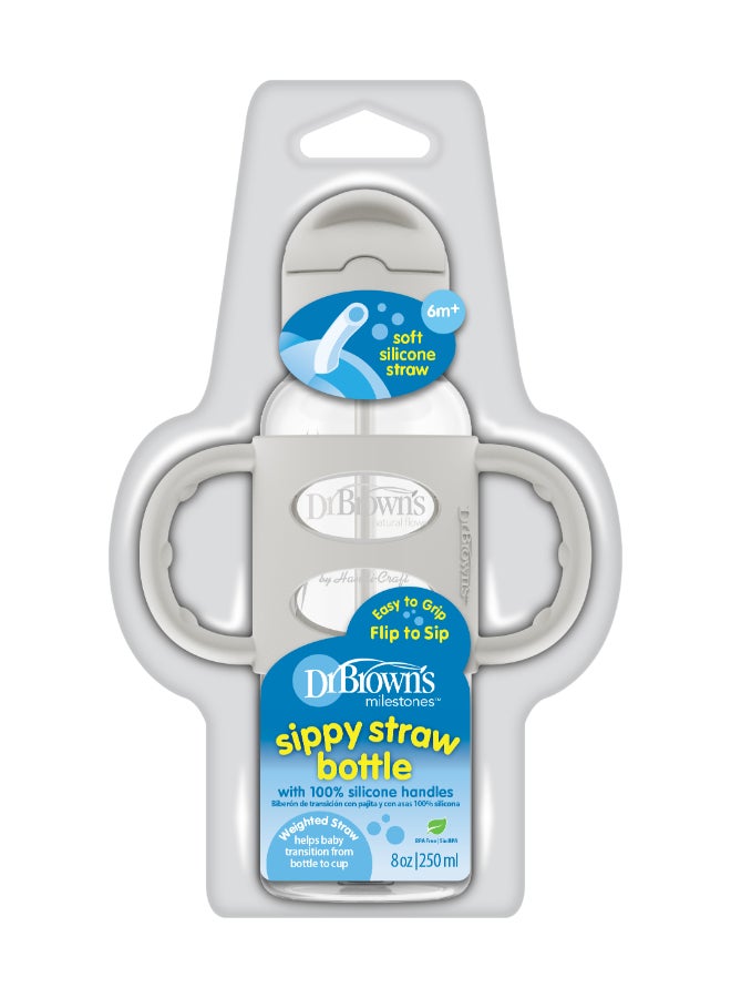 Dr. Brown’s 8 Oz/250 Ml Anti-Colic Pp Narrow Sippy Straw Bottle With Silicone Handles, Gray, 1-Pack - Image 2