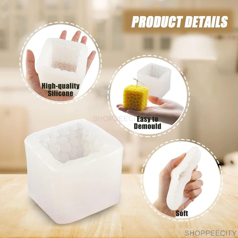 Shoppeecity Honeycomb Silicone Candle Mold 3D Geometric Square Bubble Cube Mould for DIY Resin Plaster Handmade Soap Making Mousse Cake Fondant Pastry Chocolate Baking Handicraft Aroma Scented Candle Making - Image 3