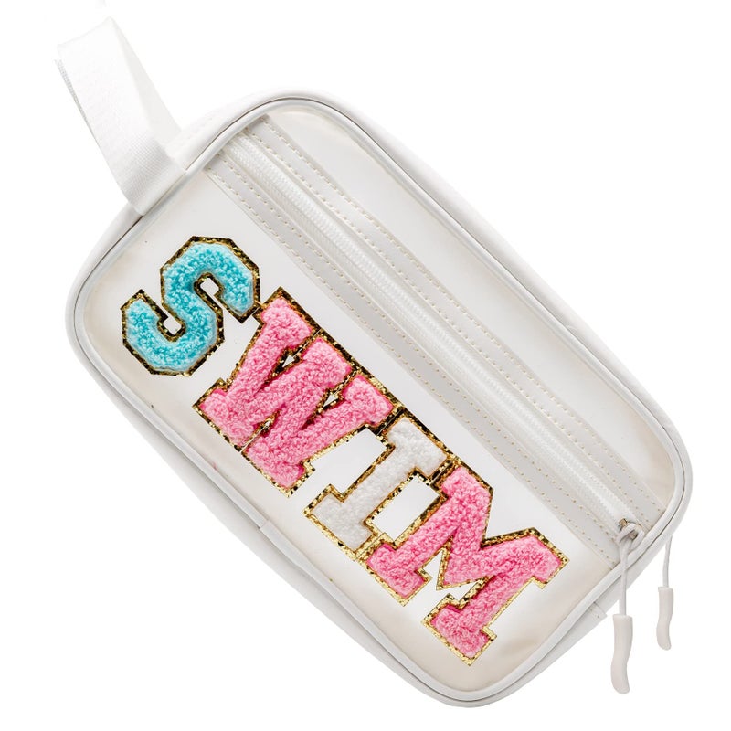 Coshaysoo Clear Swim Makeup Bag With Strap Preppy Chenille Letter Patch Cosmetic Zipper Pouch  Small Swimming Travel Toiletry Make Up Gift For Swimmer Teens  Cute Transparent Women Purse Organizer - Image 1