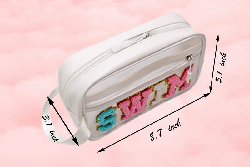 Coshaysoo Clear Swim Makeup Bag With Strap Preppy Chenille Letter Patch Cosmetic Zipper Pouch  Small Swimming Travel Toiletry Make Up Gift For Swimmer Teens  Cute Transparent Women Purse Organizer - Image 2