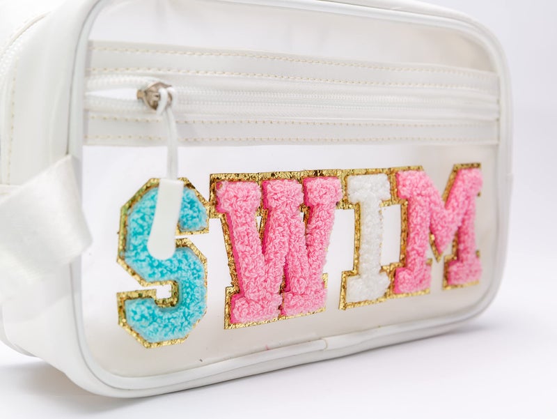 Coshaysoo Clear Swim Makeup Bag With Strap Preppy Chenille Letter Patch Cosmetic Zipper Pouch  Small Swimming Travel Toiletry Make Up Gift For Swimmer Teens  Cute Transparent Women Purse Organizer - Image 3