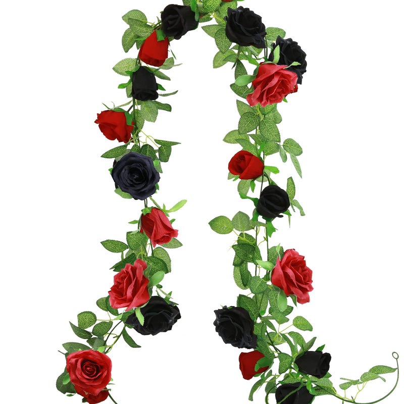 Greentime 2pcs Artificial Flower Garland 13 FT Fake Rose Vine 9 Heads Rose Garland for Wedding Arch Table Centerpiece Arrangement Room Baby Shower Birthday Decor Black and Red