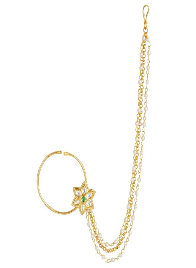 Peora Gold Plated Indian Traditional Studded Floral Nose Ring Nath without Piercing with Pearl Beaded Chain - Image 2