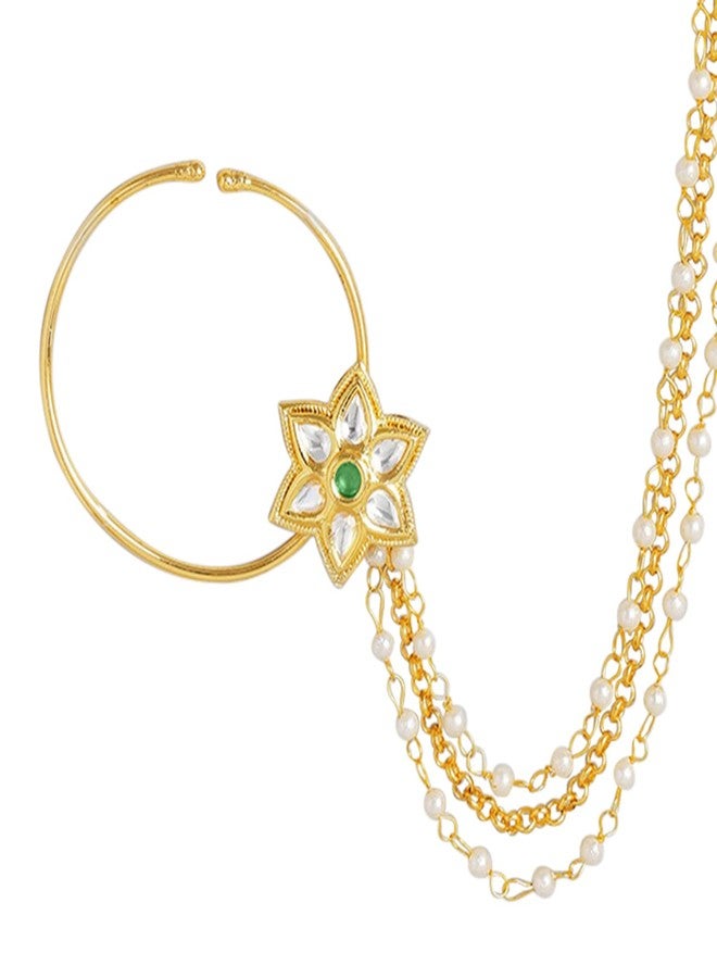 Peora Gold Plated Indian Traditional Studded Floral Nose Ring Nath without Piercing with Pearl Beaded Chain - Image 1