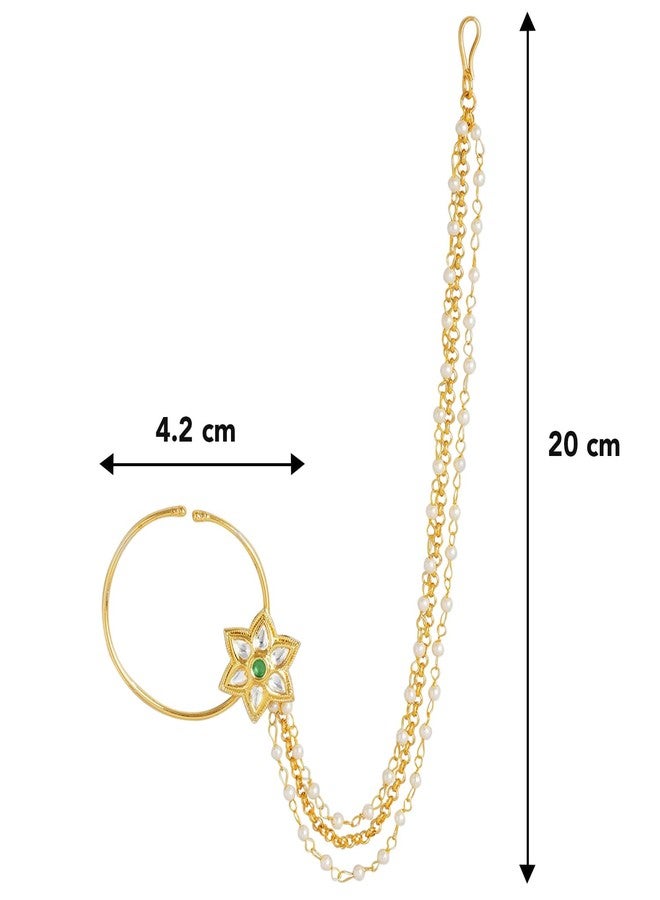 Peora Gold Plated Indian Traditional Studded Floral Nose Ring Nath without Piercing with Pearl Beaded Chain - Image 3