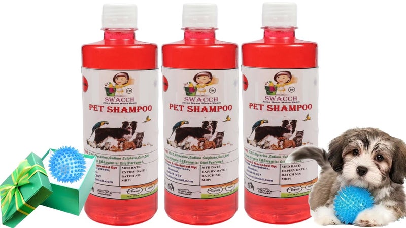 swacch Shampoo | Puppy Safe Shampoo | PH Balanced | Ditch to Itch for Pet Shampoo 500ml Pack of 3 (Strawberry) + Spike Ball Chew Toy Combo Pack - Image 1
