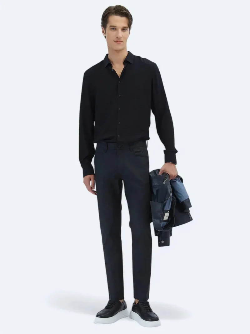 Kip Black Weaving Fitted Fit Casual Cotton Blended Trousers