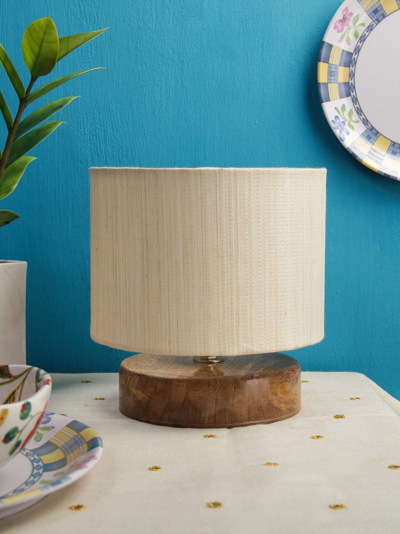 AMDHOME Off White Cotton Shade Table Lamp With Wood Base - Height 7 Inches | Warm Ambient Light For Living Room, Bedroom, Home Decor, Study Lampshade,Fluorescent - Image 4