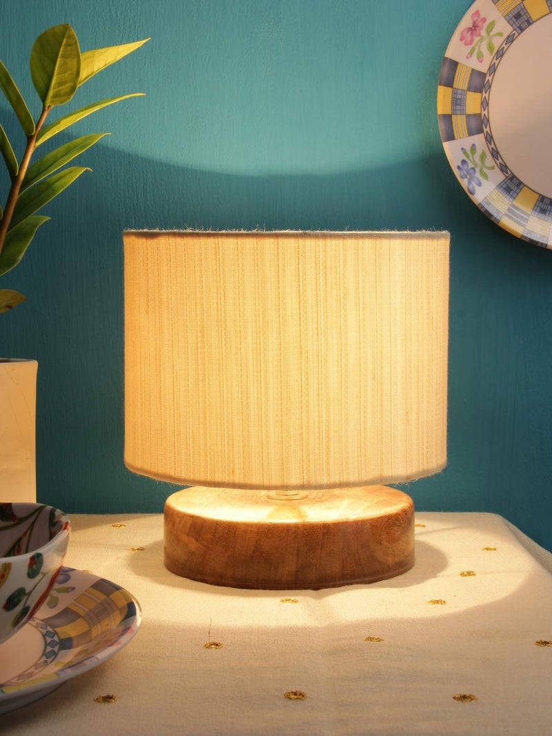 AMDHOME Off White Cotton Shade Table Lamp With Wood Base - Height 7 Inches | Warm Ambient Light For Living Room, Bedroom, Home Decor, Study Lampshade,Fluorescent - Image 3