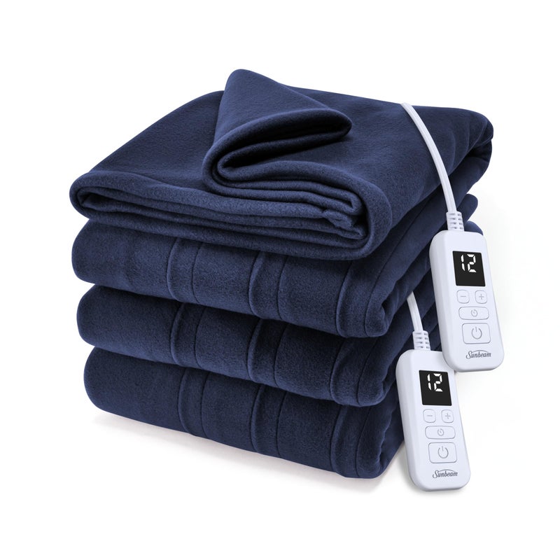 صن بيم بطانية كهربائية ساخنة من Sunbeam Royal Ultra Fleece مقاس كينج 90 بوصة × 100 بوصة 12 إعدادًا للحرارة، إيقاف تلقائي لمدة 12 ساعة، تسخين سريع في الغسالة، قابل للغسل، دافئ ومريح، نيلي - Image 1