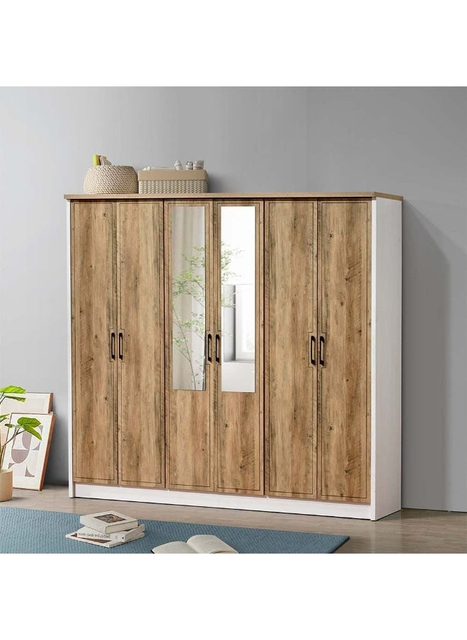 DANUBE HOME Swann 6-Door Wardrobe With Mirror For Hanging Clothes Extra Sturdy Rack Storage Organiser Modern Design Space Saving Cabinets For Bedroom - Summer Oak/Pearl White  - Image 1