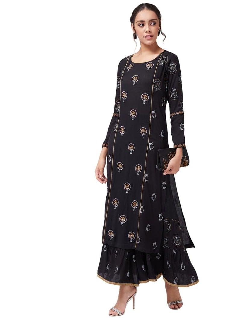 Pannkh Women's Foil Printed and Embroidered Long Kurta Black - Image 1
