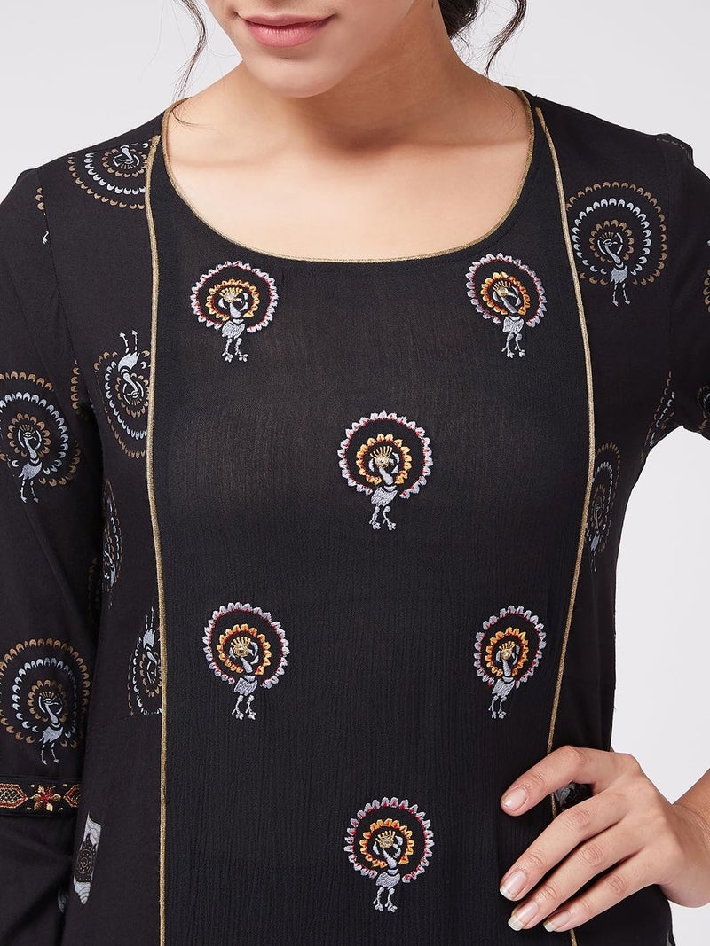 Pannkh Women's Foil Printed and Embroidered Long Kurta Black - Image 2