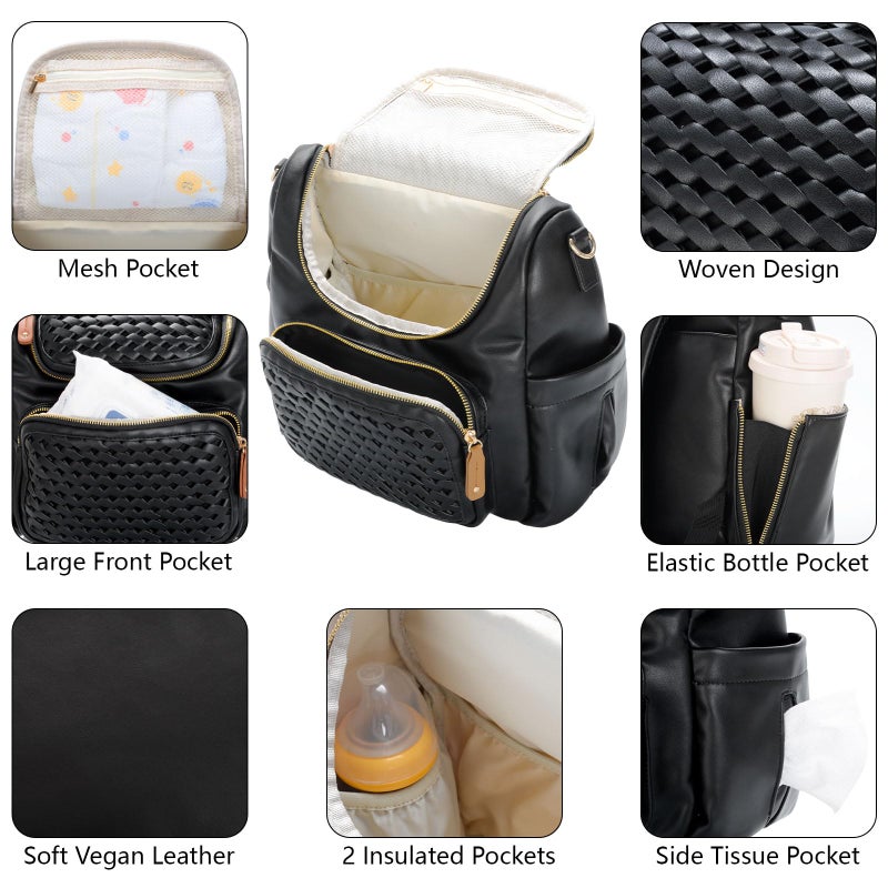 Minsong Diaper Bag Backpack, Small Diaper Backpack for Mom with Changing Station, Stylish Vegan Leather Travel Diaper Nappy Bags (Black) - Image 3