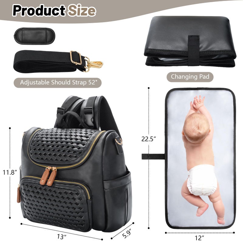 Minsong Diaper Bag Backpack, Small Diaper Backpack for Mom with Changing Station, Stylish Vegan Leather Travel Diaper Nappy Bags (Black) - Image 2