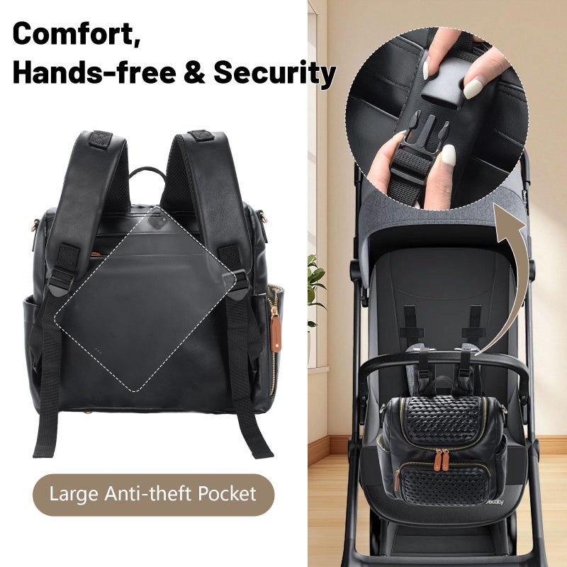 Minsong Diaper Bag Backpack, Small Diaper Backpack for Mom with Changing Station, Stylish Vegan Leather Travel Diaper Nappy Bags (Black) - Image 4