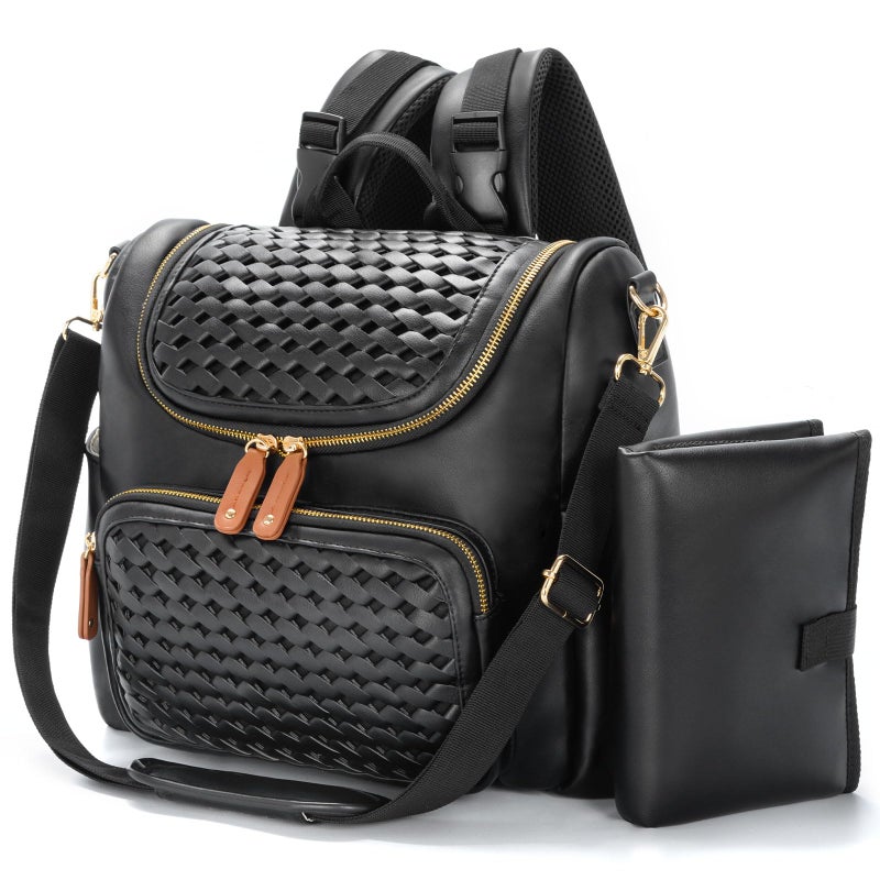 Minsong Diaper Bag Backpack, Small Diaper Backpack for Mom with Changing Station, Stylish Vegan Leather Travel Diaper Nappy Bags (Black) - Image 1