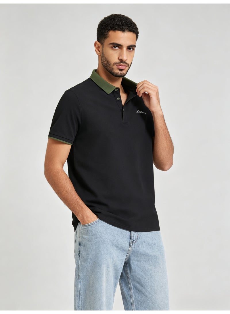 بين شيرمان Ben Sherman Men’s Black Contrast Olive Collar Embroidered Short Sleeve Polo Shirt - Image 4