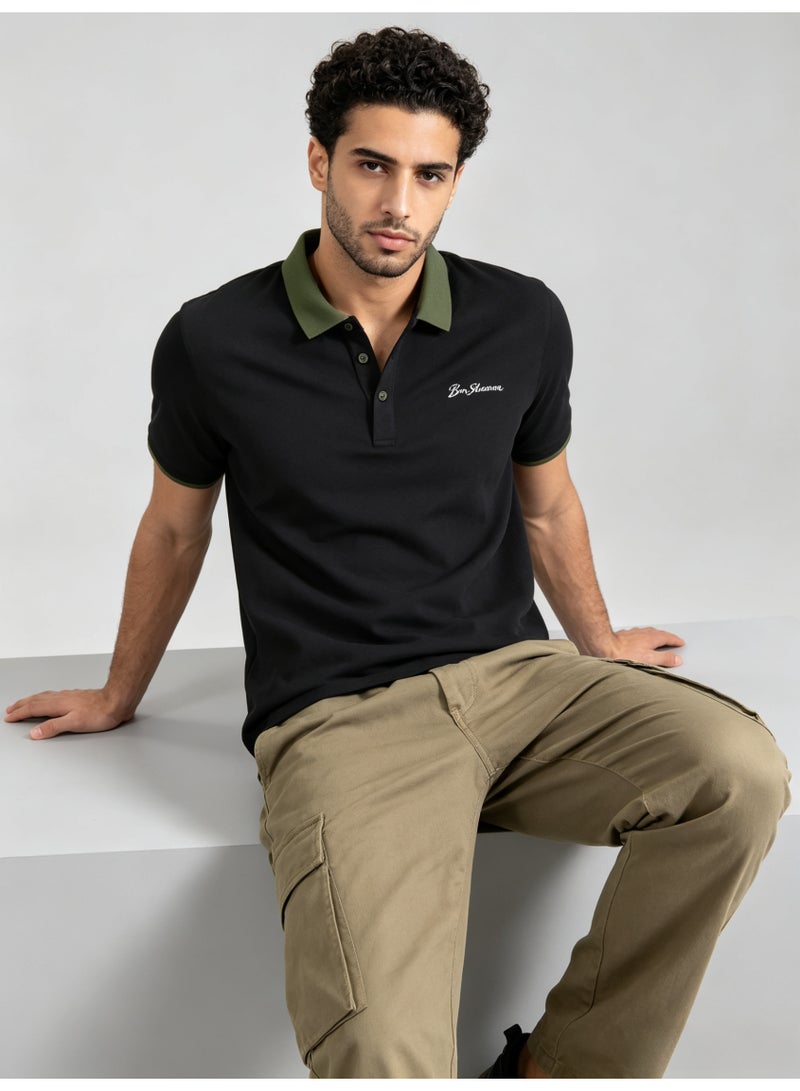 بين شيرمان Ben Sherman Men’s Black Contrast Olive Collar Embroidered Short Sleeve Polo Shirt - Image 1