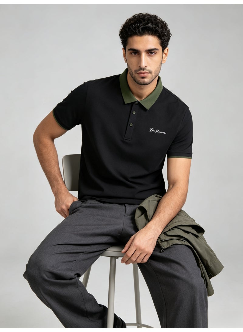 بين شيرمان Ben Sherman Men’s Black Contrast Olive Collar Embroidered Short Sleeve Polo Shirt - Image 3