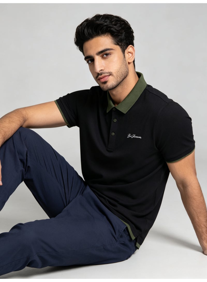 بين شيرمان Ben Sherman Men’s Black Contrast Olive Collar Embroidered Short Sleeve Polo Shirt - Image 2