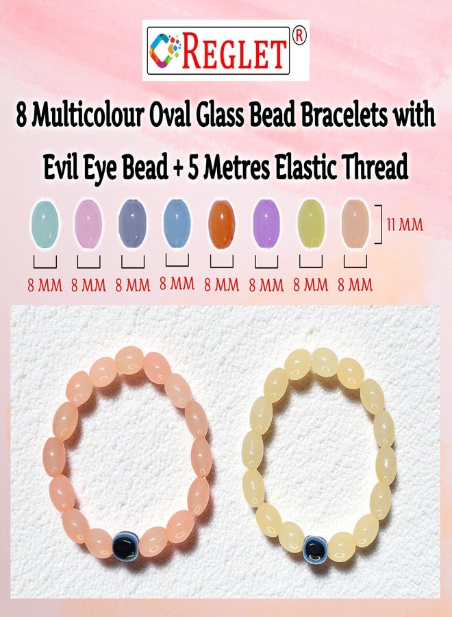 REGLET Pack of 8 - Oval Shaped Glass Bead Bracelet with Evil Eye Bead + 5m Stretch Wire - Stretchable Bracelets for Women, Girls Stylish - Adjustable - Image 4