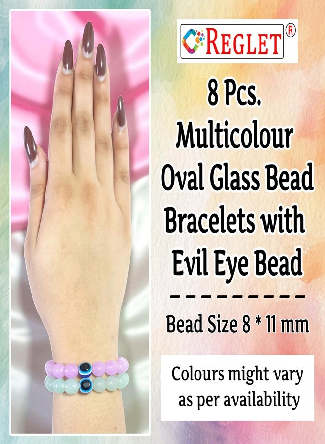 REGLET Pack of 8 - Oval Shaped Glass Bead Bracelet with Evil Eye Bead + 5m Stretch Wire - Stretchable Bracelets for Women, Girls Stylish - Adjustable - Image 3