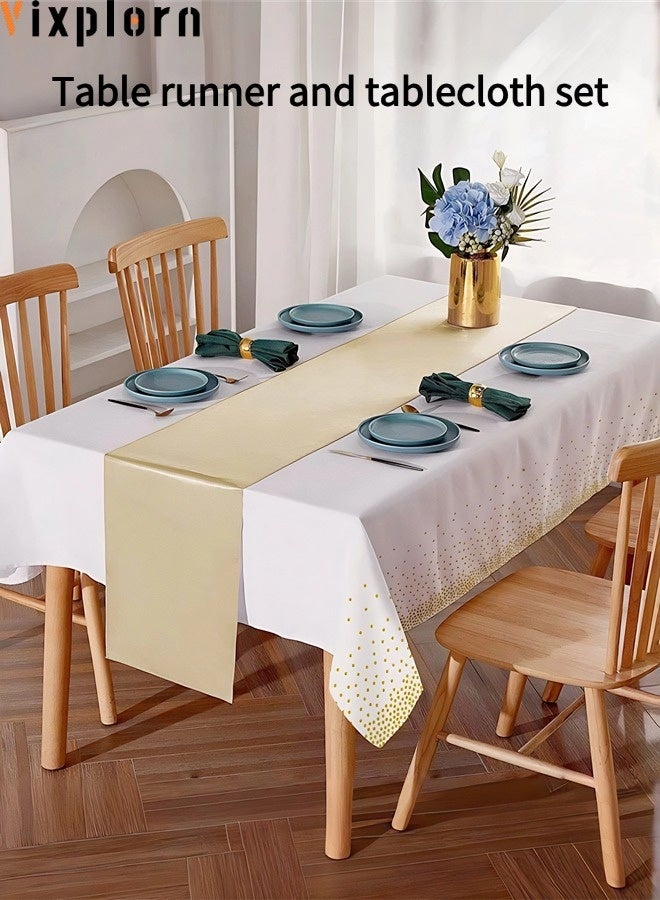 Vixplorn Two-piece disposable tablecloth and satin table runner set, white and gold polka dot tablecloth, gold satin table runner, suitable for wedding, birthday, baby shower, anniversary, Ramadan bash, New Year party decoration - Image 1