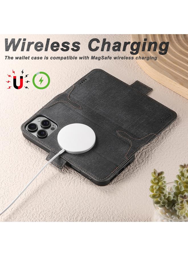 Suteni Case For iPhone 15 Pro Max J07 Multi-functional Horizontal MagSafe Denim Leather Phone Case - Image 2