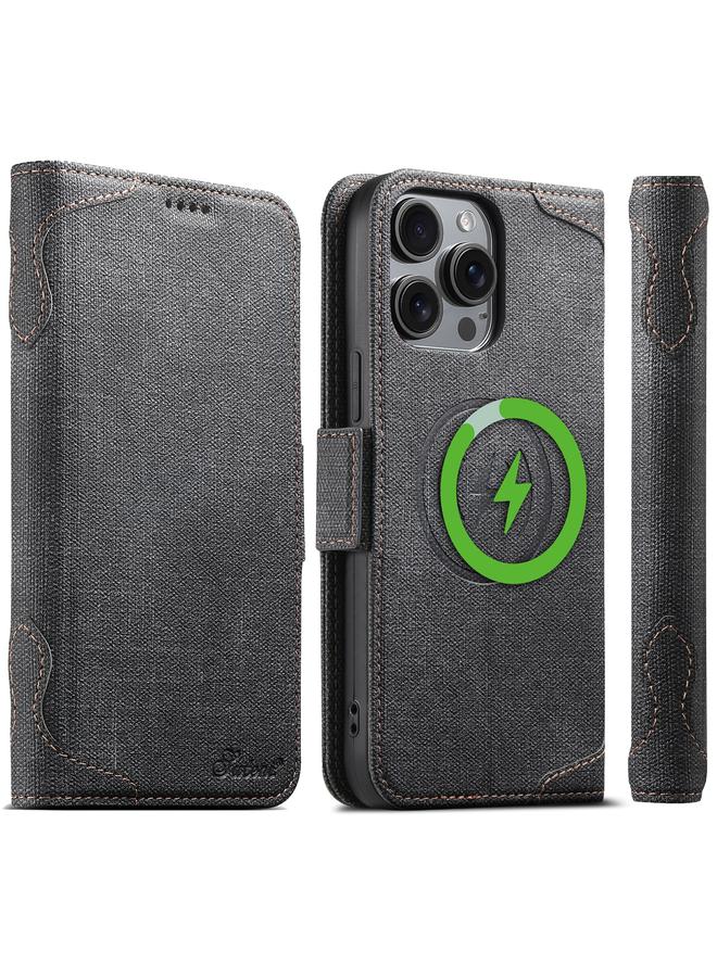 Suteni Case For iPhone 15 Pro Max J07 Multi-functional Horizontal MagSafe Denim Leather Phone Case - Image 1