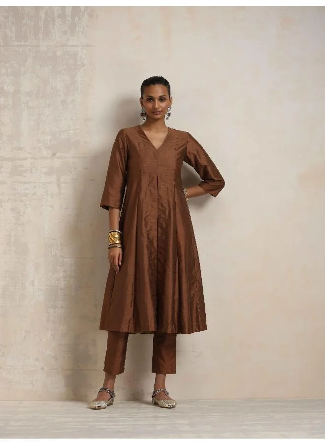 trueBrowns Brown Silk Slit Kurta Set