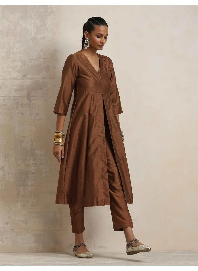 trueBrowns Brown Silk Slit Kurta Set