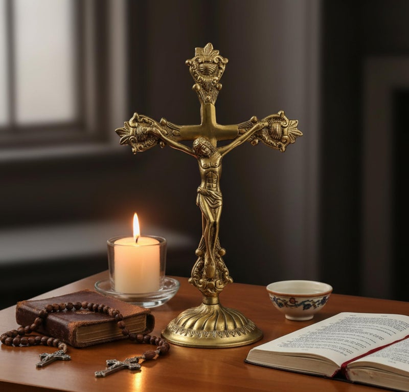ESPLANADE Brass Golden Christian Cross Jesus Cross Holy Statue of Jesus Christ Antique Finish - Spiritual Idols - Religious Statues - 11" Inches - Image 2