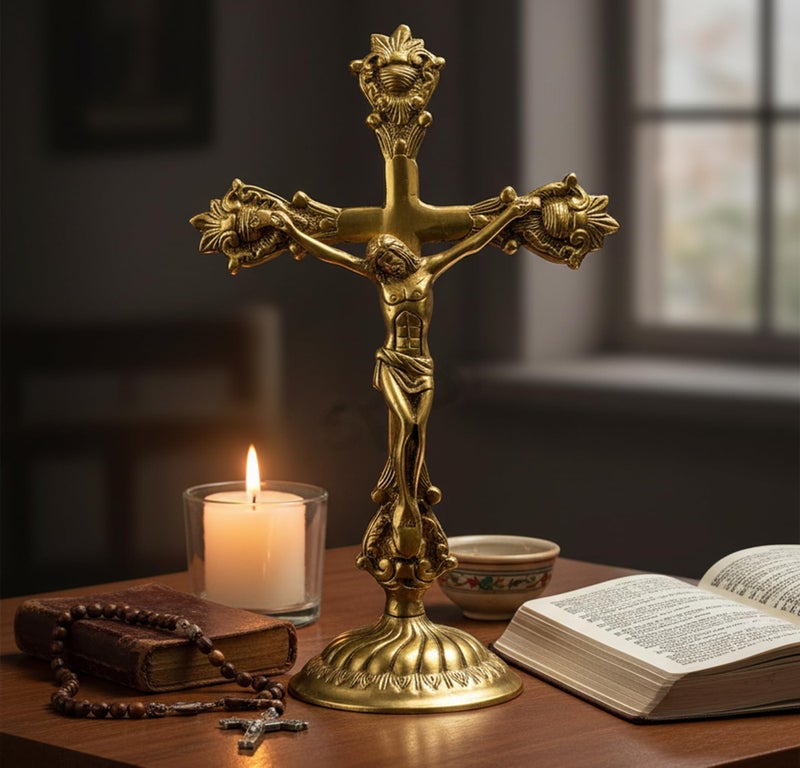 ESPLANADE Brass Golden Christian Cross Jesus Cross Holy Statue of Jesus Christ Antique Finish - Spiritual Idols - Religious Statues - 11" Inches - Image 1